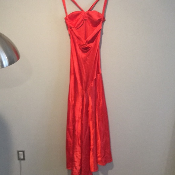 Bright orange red satin prom dress - Picture 2 of 7